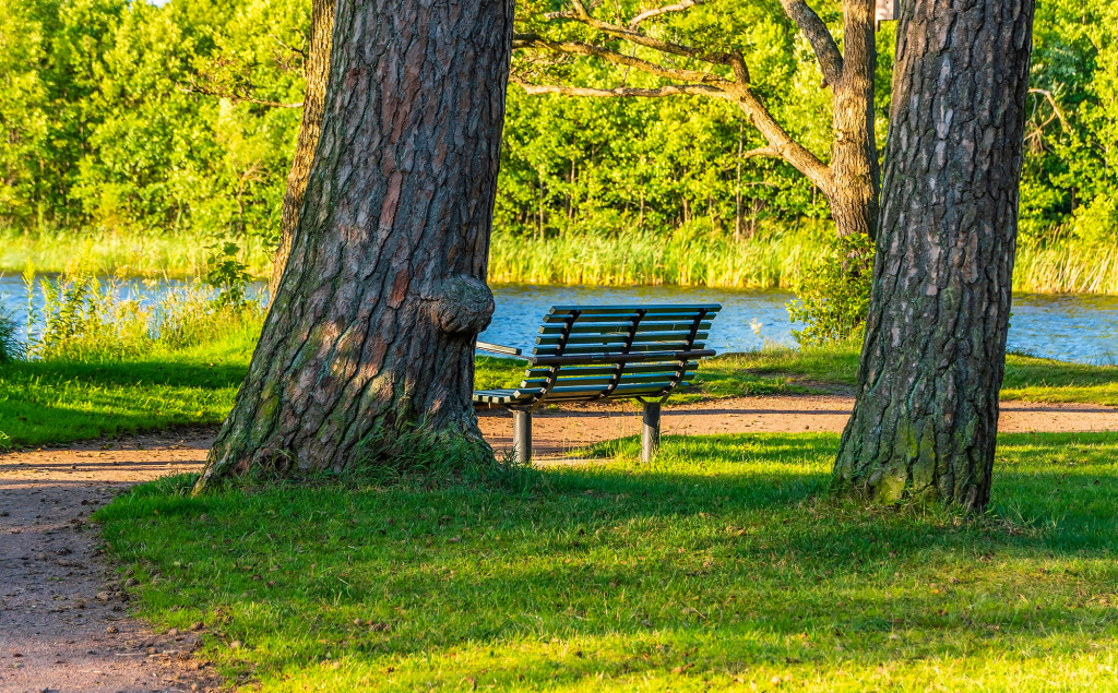 Tom parkbänk bredvid ån